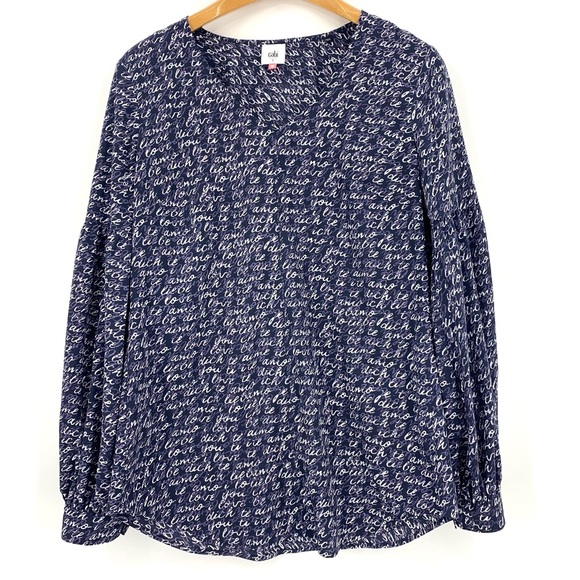 Cabi Te Amo Blouse # 5336, 'Love' Printed Long Sleeve V-neck Navy Blouse, Small - Picture 12 of 16